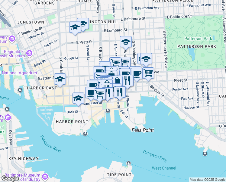 map of restaurants, bars, coffee shops, grocery stores, and more near 1726 Aliceanna Street in Baltimore