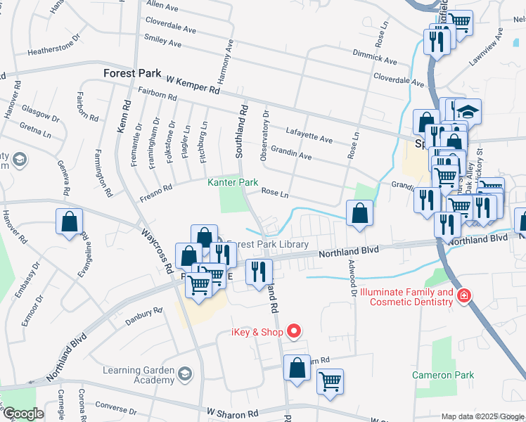 map of restaurants, bars, coffee shops, grocery stores, and more near 11328 Southland Road in Cincinnati