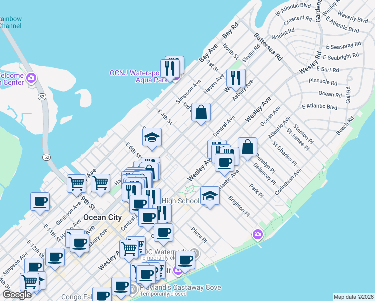 map of restaurants, bars, coffee shops, grocery stores, and more near 411 Asbury Avenue in Ocean City