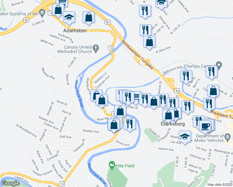 map of restaurants, bars, coffee shops, grocery stores, and more near 299 Peck Street in Clarksburg
