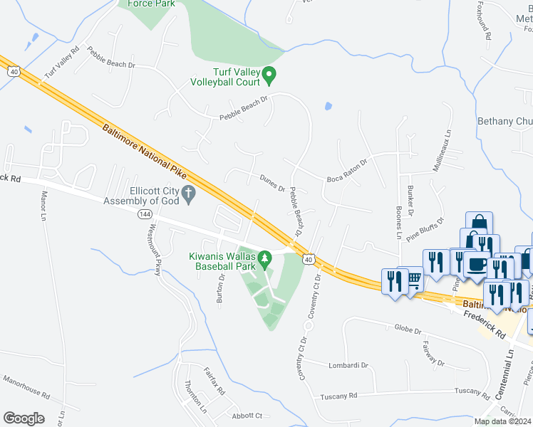 map of restaurants, bars, coffee shops, grocery stores, and more near 10480 Baltimore National Pike in Ellicott City