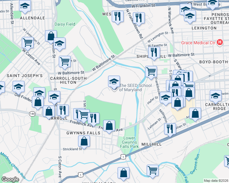 map of restaurants, bars, coffee shops, grocery stores, and more near 200 Font Hill Avenue in Baltimore