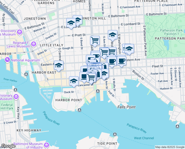 map of restaurants, bars, coffee shops, grocery stores, and more near 622 South Broadway in Baltimore