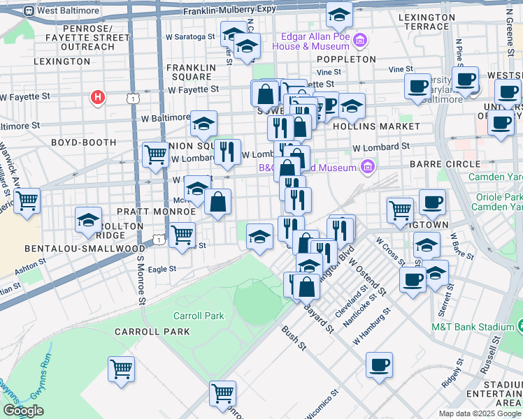map of restaurants, bars, coffee shops, grocery stores, and more near 329 South Calhoun Street in Baltimore