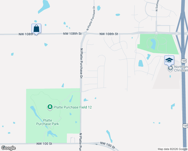 map of restaurants, bars, coffee shops, grocery stores, and more near 10373-10685 North Platte Purchase Drive in Kansas City
