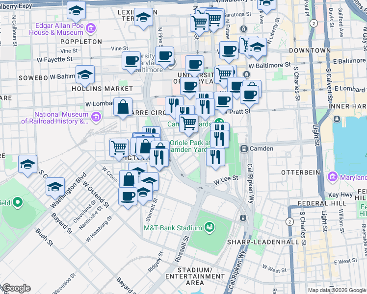 map of restaurants, bars, coffee shops, grocery stores, and more near 649 Washington Boulevard in Baltimore