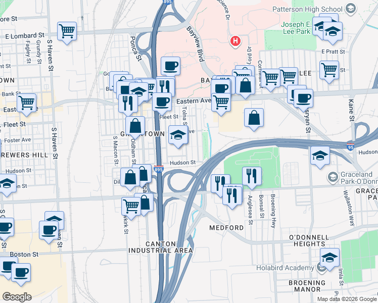 map of restaurants, bars, coffee shops, grocery stores, and more near 811 Tolna Street in Baltimore