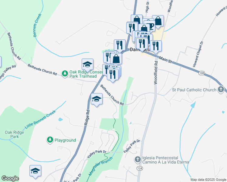 map of restaurants, bars, coffee shops, grocery stores, and more near 10105 Ridge Manor Terrace in Damascus