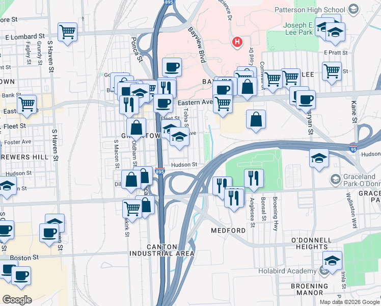map of restaurants, bars, coffee shops, grocery stores, and more near 811 Tolna Street in Baltimore