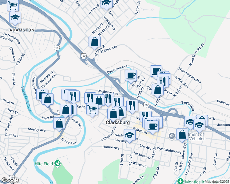 map of restaurants, bars, coffee shops, grocery stores, and more near 623 Mulberry Avenue in Clarksburg