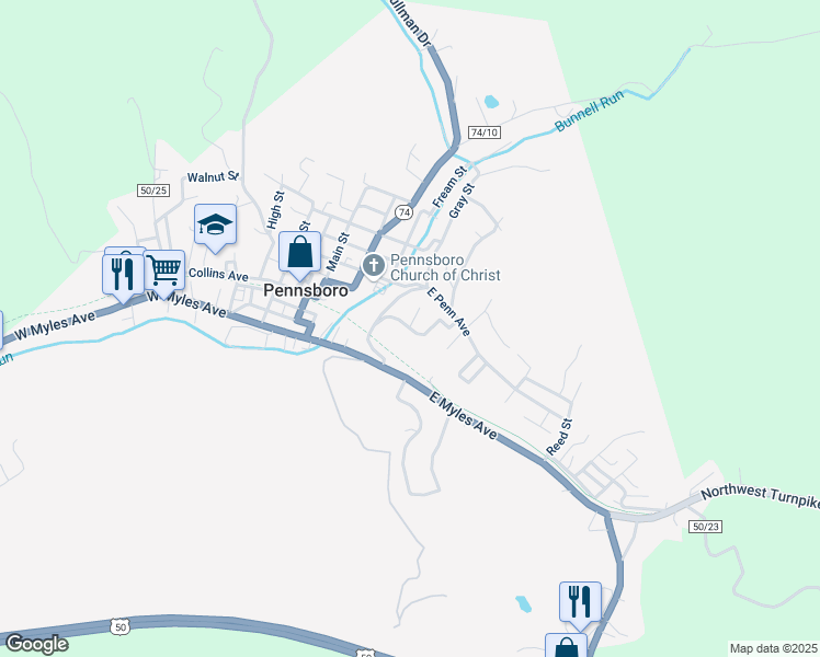 map of restaurants, bars, coffee shops, grocery stores, and more near 116 Pine Drive in Pennsboro