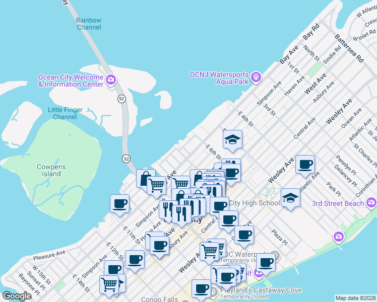 map of restaurants, bars, coffee shops, grocery stores, and more near 8 West 7th Street in Ocean City
