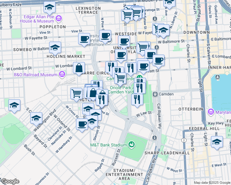 map of restaurants, bars, coffee shops, grocery stores, and more near 664 Washington Blvd in Baltimore