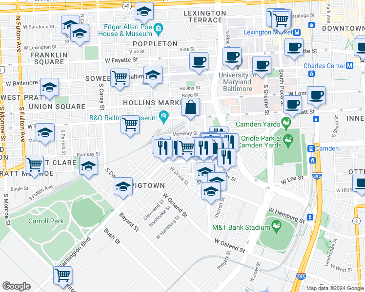 map of restaurants, bars, coffee shops, grocery stores, and more near 877 Ryan Street in Baltimore
