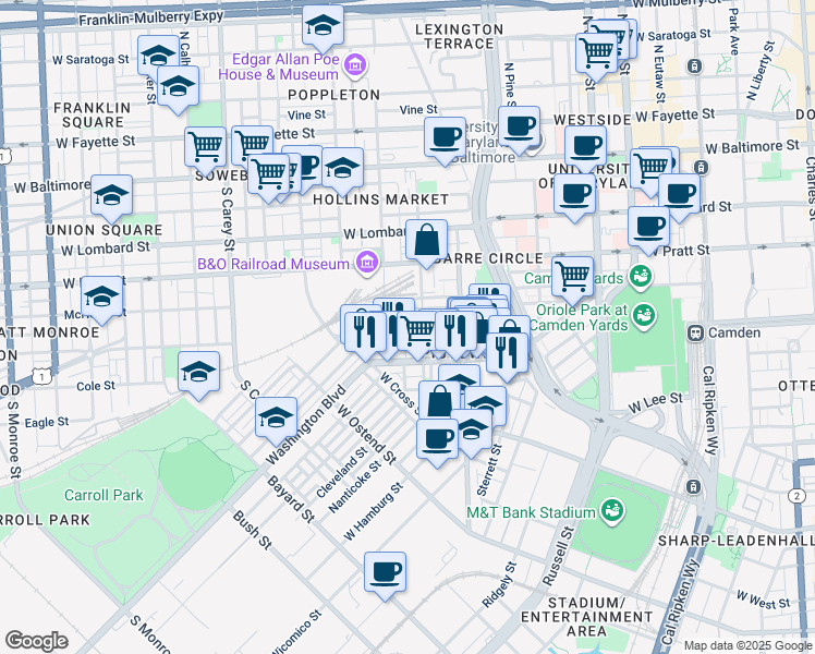 map of restaurants, bars, coffee shops, grocery stores, and more near 877 Ryan Street in Baltimore