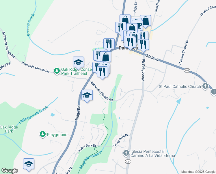 map of restaurants, bars, coffee shops, grocery stores, and more near 25910 Ridge Manor Drive in Damascus