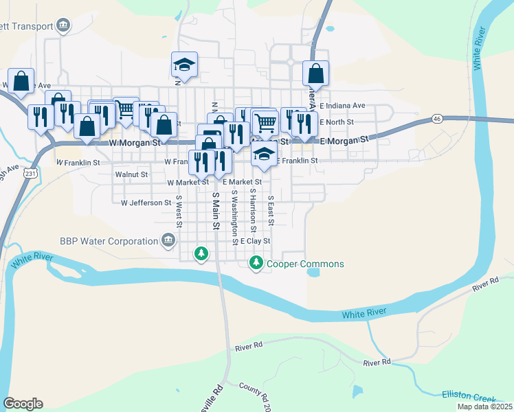 map of restaurants, bars, coffee shops, grocery stores, and more near 258 South Harrison Street in Spencer