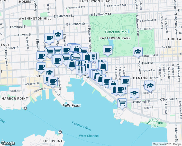 map of restaurants, bars, coffee shops, grocery stores, and more near 2225 Essex Street in Baltimore