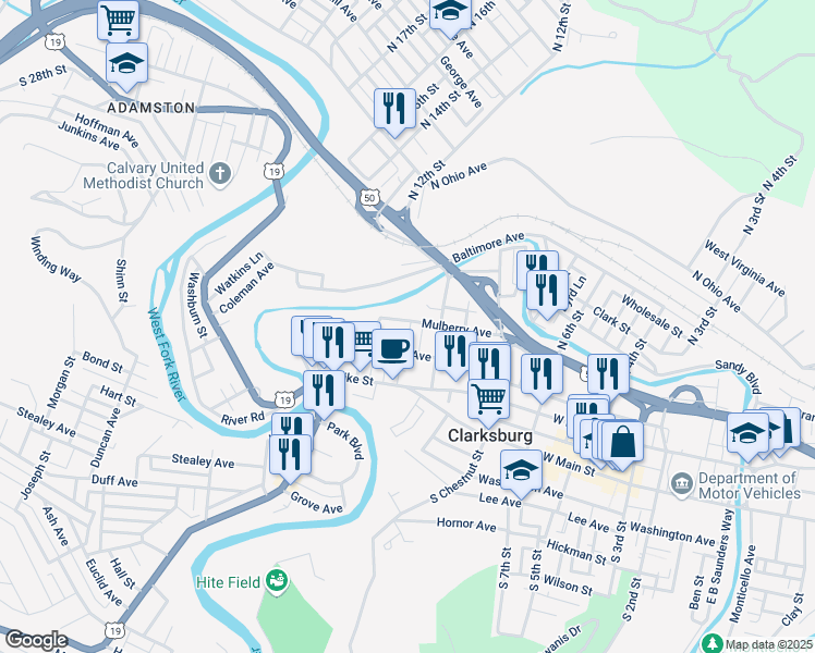 map of restaurants, bars, coffee shops, grocery stores, and more near 735 Mulberry Avenue in Clarksburg