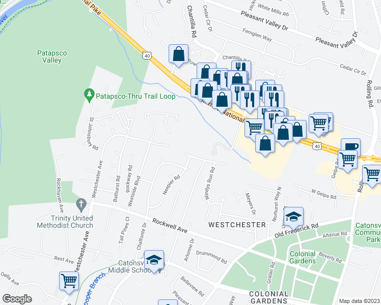 map of restaurants, bars, coffee shops, grocery stores, and more near 2229 West Geipe Road in Catonsville
