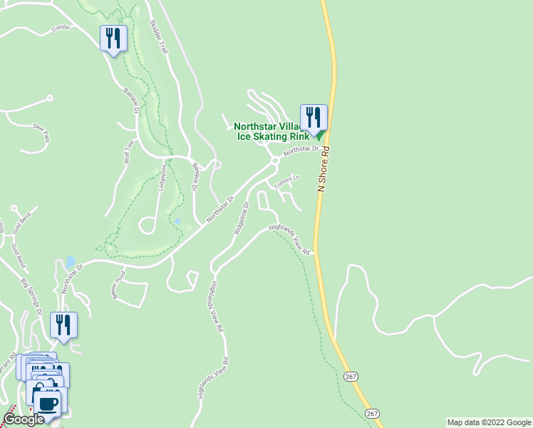 map of restaurants, bars, coffee shops, grocery stores, and more near 7650 Highlands View Road in Truckee