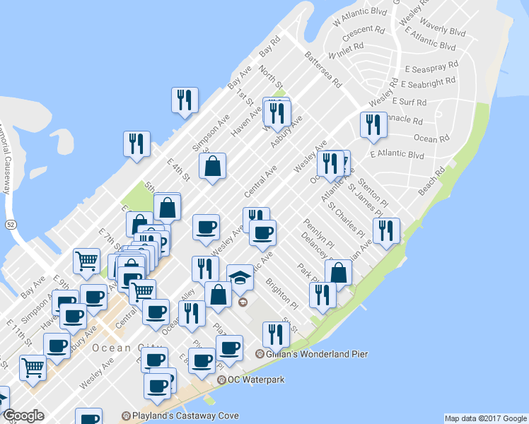 map of restaurants, bars, coffee shops, grocery stores, and more near 606 3rd Street in Ocean City