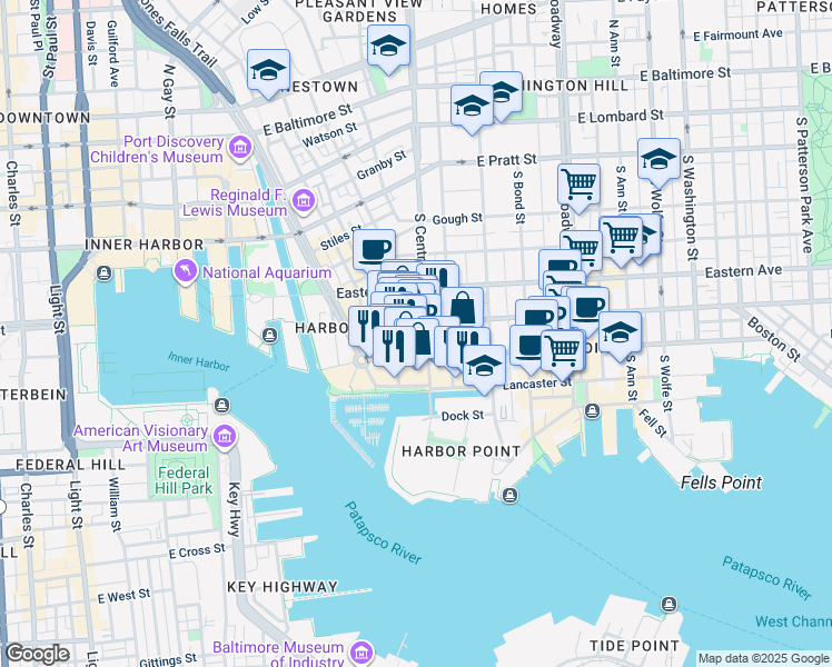 map of restaurants, bars, coffee shops, grocery stores, and more near 1001 Fleet Street in Baltimore