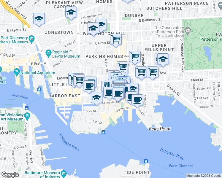 map of restaurants, bars, coffee shops, grocery stores, and more near 603 S Bond St in Baltimore