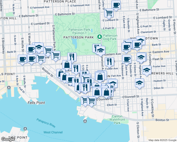 map of restaurants, bars, coffee shops, grocery stores, and more near 703 South Lakewood Avenue in Baltimore