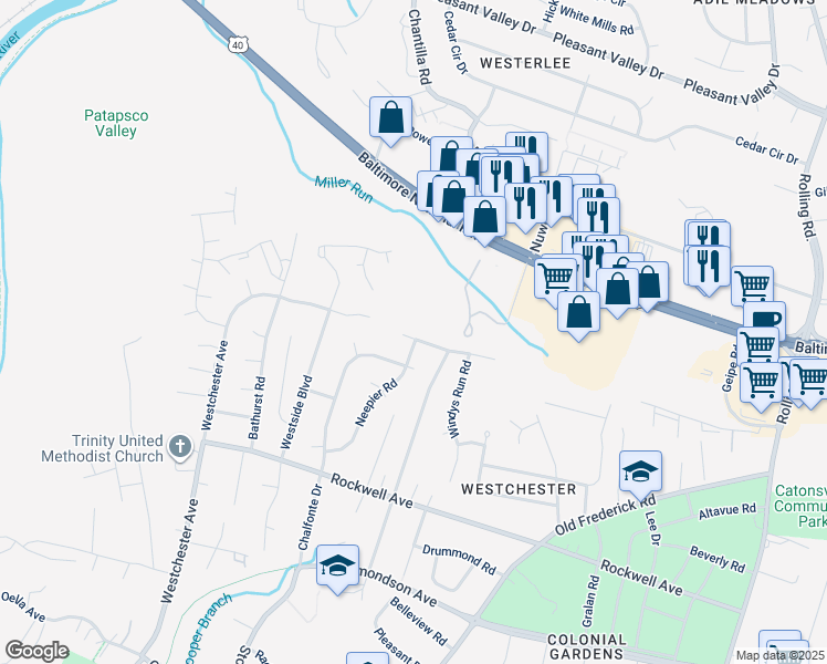 map of restaurants, bars, coffee shops, grocery stores, and more near 2229 West Geipe Road in Catonsville