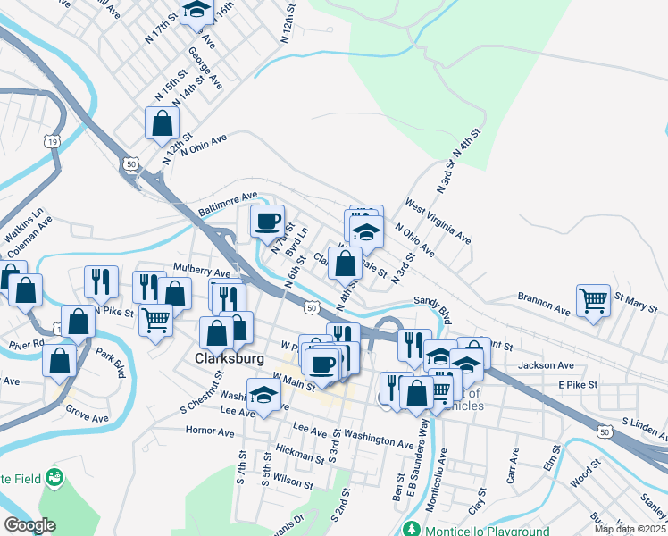 map of restaurants, bars, coffee shops, grocery stores, and more near 120 Werninger St in Clarksburg