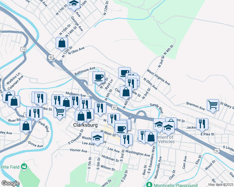 map of restaurants, bars, coffee shops, grocery stores, and more near 120 Werninger St in Clarksburg