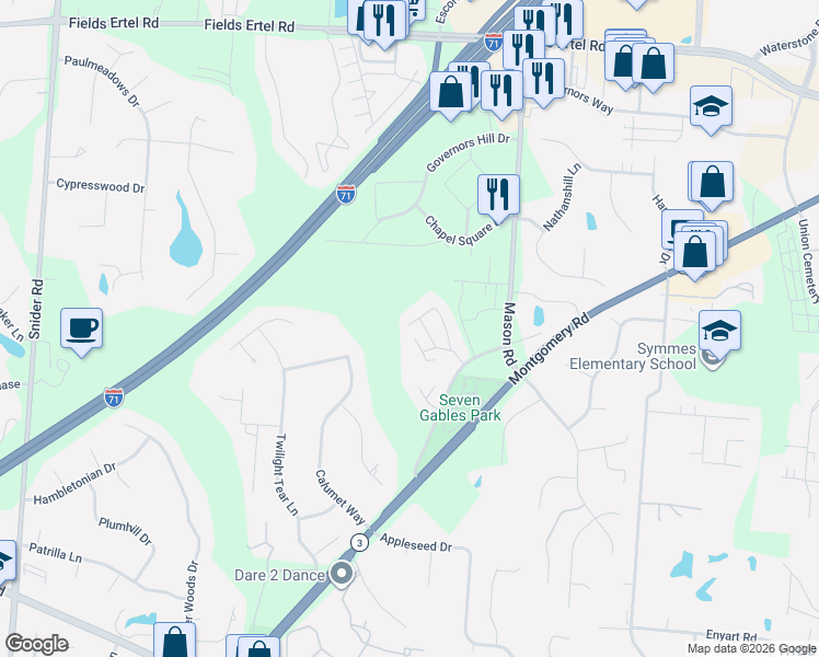 map of restaurants, bars, coffee shops, grocery stores, and more near 11831 Vauk Valley Lane in Cincinnati