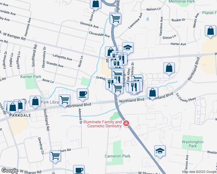 map of restaurants, bars, coffee shops, grocery stores, and more near 11475 Springfield Pike in Cincinnati