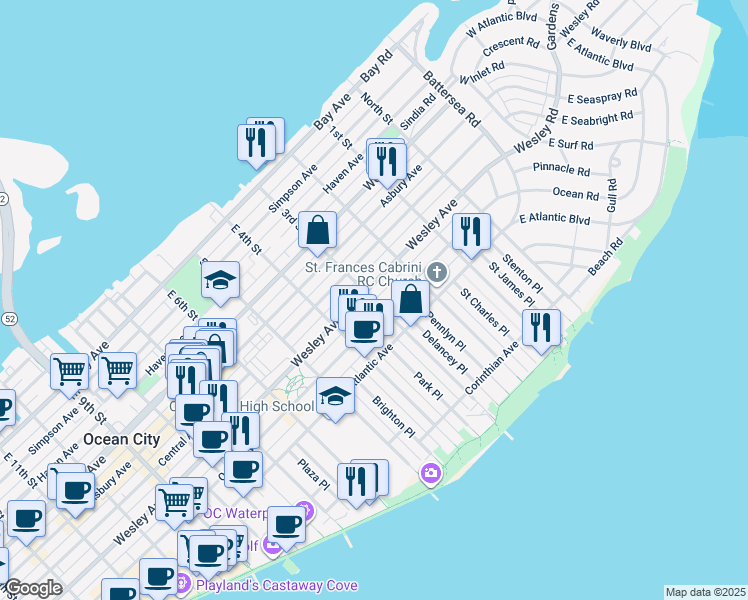 map of restaurants, bars, coffee shops, grocery stores, and more near 3rd Street in Ocean City