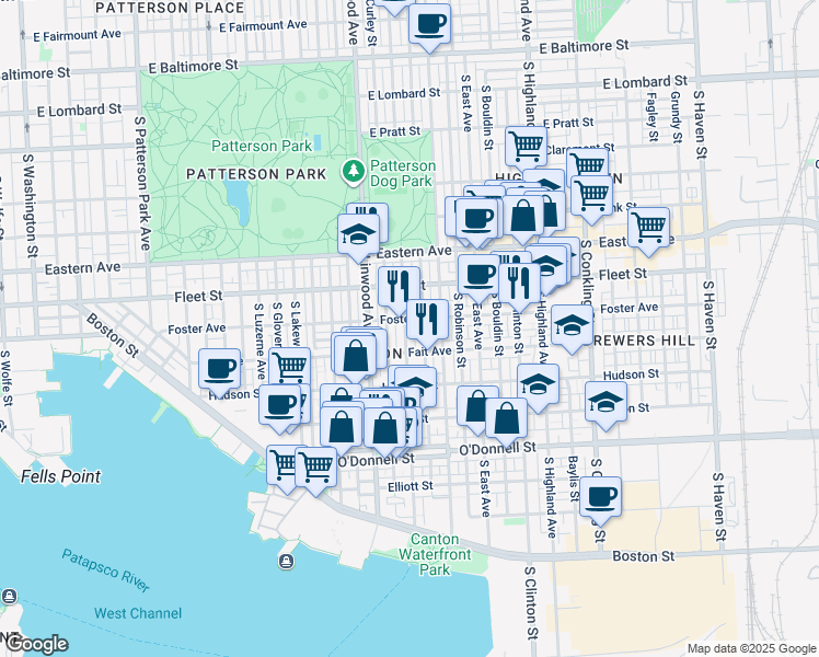 map of restaurants, bars, coffee shops, grocery stores, and more near 711 South Potomac Street in Baltimore