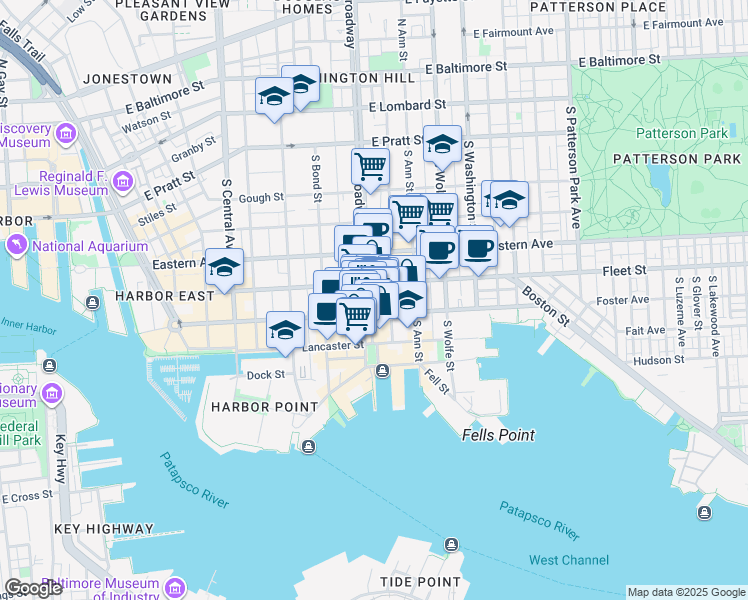map of restaurants, bars, coffee shops, grocery stores, and more near 622 South Broadway in Baltimore