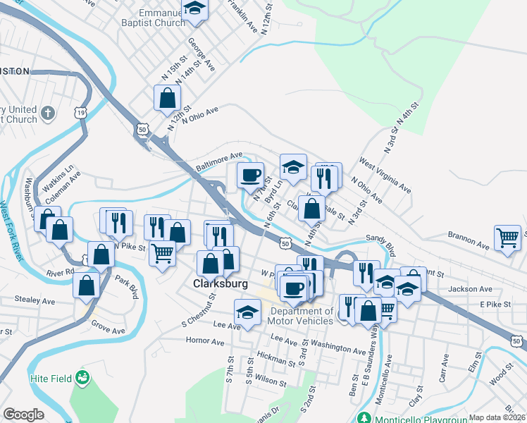 map of restaurants, bars, coffee shops, grocery stores, and more near 209 Byrd Lane in Clarksburg
