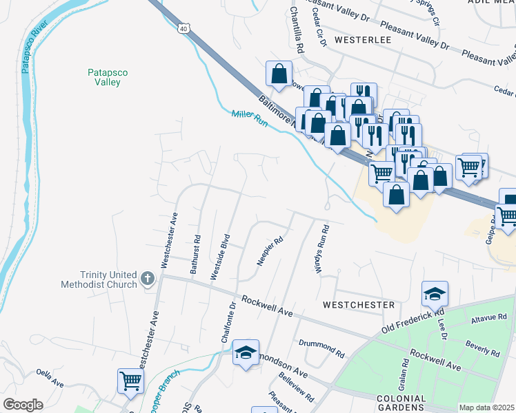 map of restaurants, bars, coffee shops, grocery stores, and more near 506 Durango Road in Catonsville