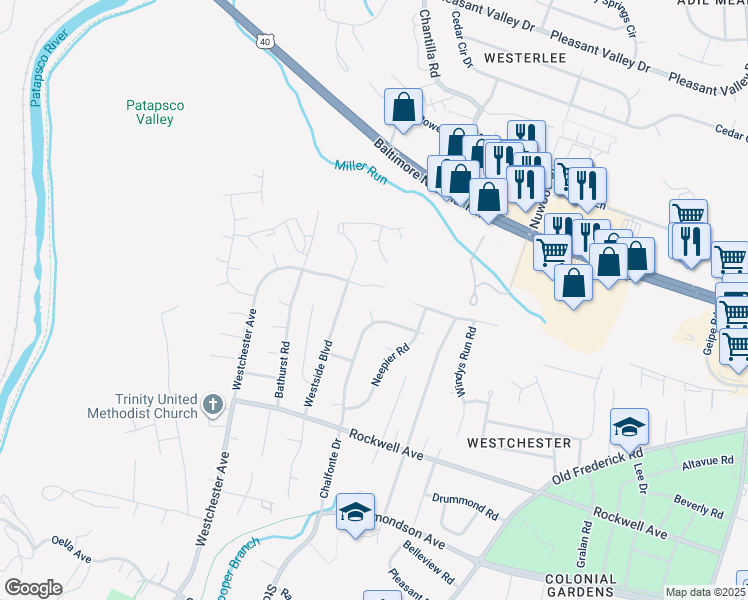 map of restaurants, bars, coffee shops, grocery stores, and more near 506 Durango Road in Catonsville