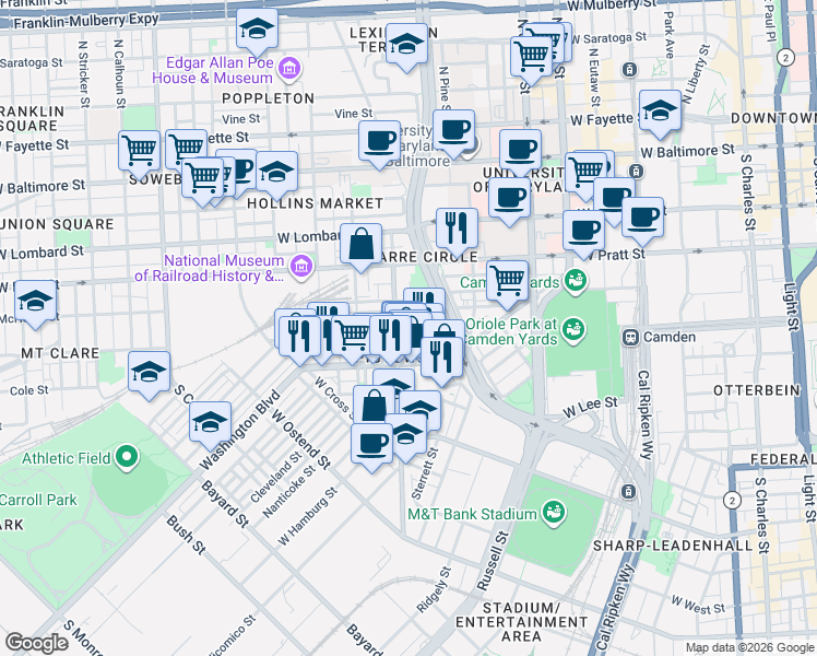 map of restaurants, bars, coffee shops, grocery stores, and more near 318 Otterbein Street in Baltimore