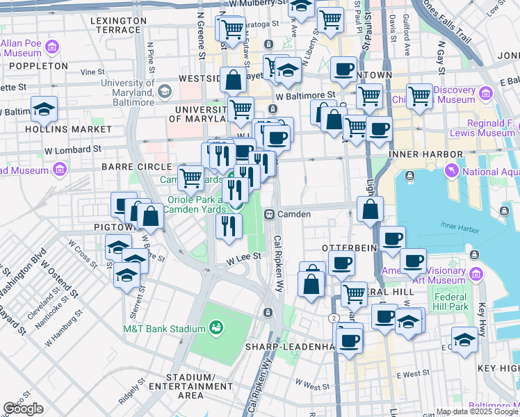 map of restaurants, bars, coffee shops, grocery stores, and more near 323 West Camden Street in Baltimore