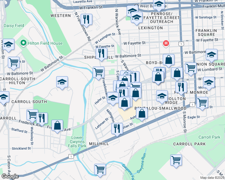 map of restaurants, bars, coffee shops, grocery stores, and more near 2516 McHenry Street in Baltimore