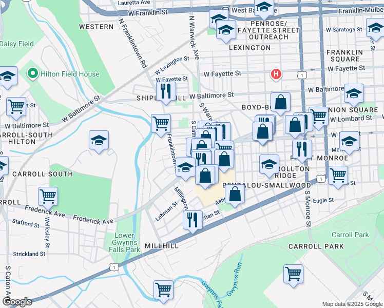 map of restaurants, bars, coffee shops, grocery stores, and more near 2504 McHenry Street in Baltimore