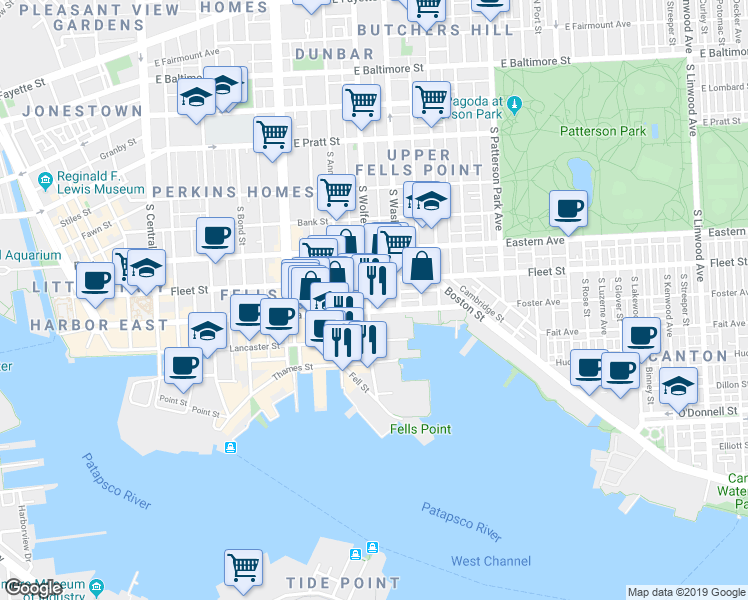 map of restaurants, bars, coffee shops, grocery stores, and more near 619 South Wolfe Street in Baltimore