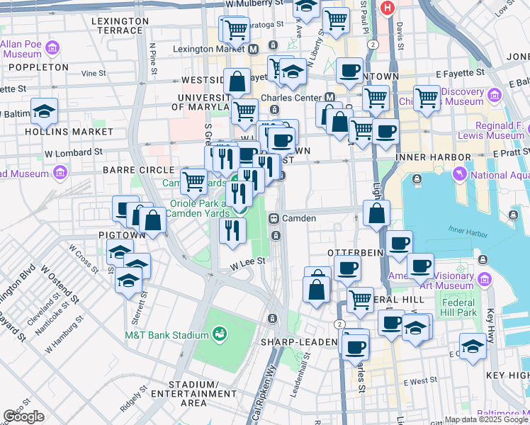 map of restaurants, bars, coffee shops, grocery stores, and more near 323 West Camden Street in Baltimore