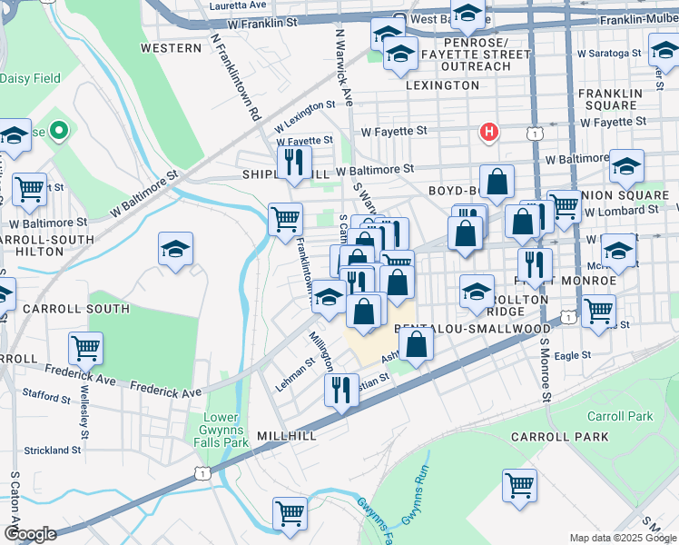 map of restaurants, bars, coffee shops, grocery stores, and more near 2504 McHenry Street in Baltimore