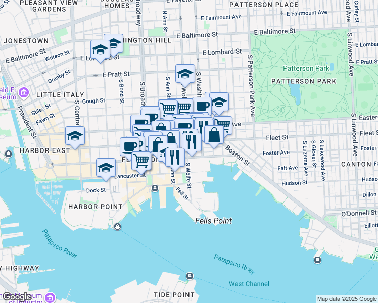 map of restaurants, bars, coffee shops, grocery stores, and more near 619 South Wolfe Street in Baltimore