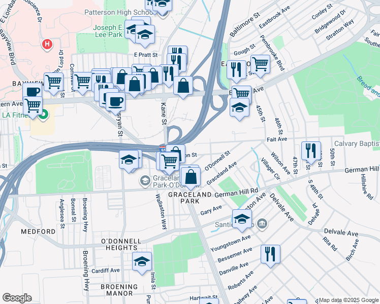map of restaurants, bars, coffee shops, grocery stores, and more near 6700 Hudson Street in Baltimore