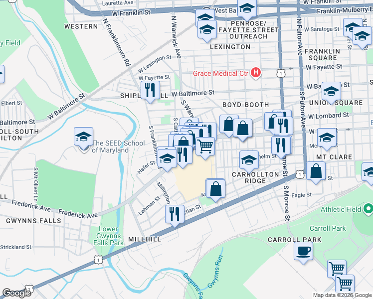 map of restaurants, bars, coffee shops, grocery stores, and more near 2416 Frederick Avenue in Baltimore